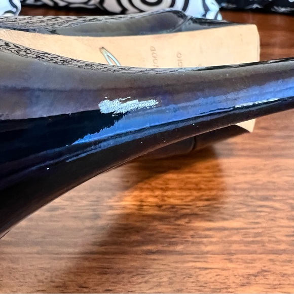 Brian Atwood Bambola Platform Patent Oil Slick Stiletto Peep Toe Sexy 7.5 Pump - Picture 6 of 7